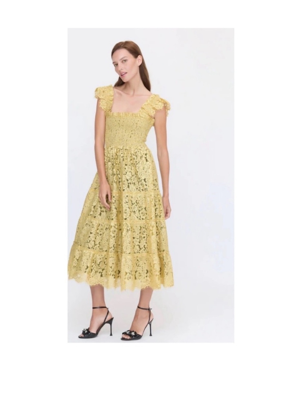 Hill House Sunlit Yellow Lace Midi Dress with Ruffle Shoulders